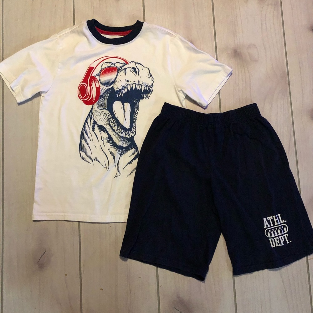 Dinosaur Red, White and blue shorts set
